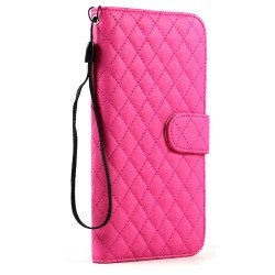iPhone 6 Plus 5.5 Quilted Flip PU Leather Wallet Case with Strap (Hot Pink)